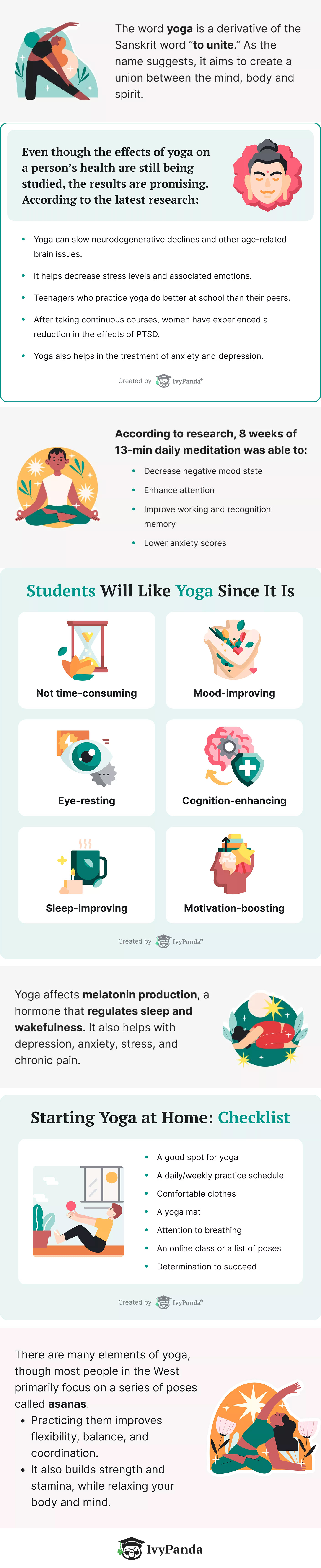 Yoga: Exercises for Body & Mind [Visuals] | ecogreenlove

The word yoga is a derivative of the Sanskrit word "to unite". It aims to create a union between the mind, body and spirit.

Effects of yoga on a person's health are still being studied, the results are promising according to the latest research.

There are benefits of 8 weeks of 13-min daily meditation, according to research.

Yoga affects melatonin production, a hormone that regulates sleep and wakefulness. It also helps with depression, anxiety, stress and chronic pain.

There are many elements of yoga, though most people in the West primarily focus on a series of poses called "asanas":
• Practicing them improves flexibility, balance, and coordination
• It also builds strength and stamina, while relaxing your body and mind.