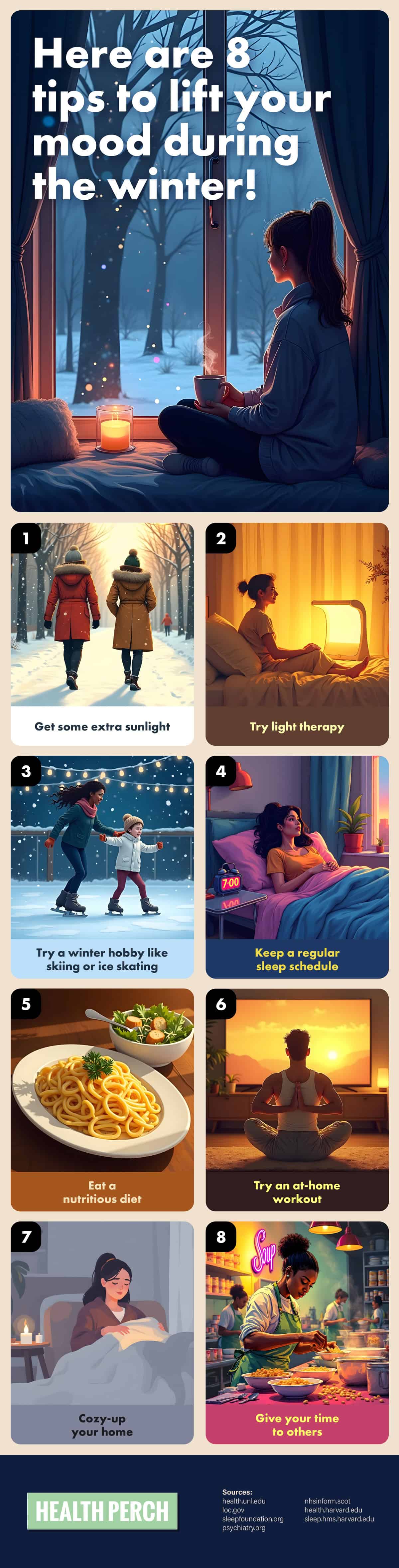 8 Tips to lift your Mood during the Winter [Visual] | ecogreenlove

1. Get Some Extra Sunlight
2. Try At-Home Light Therapy
3. Take on a New Winter Hobby
4. Keep a Regular Sleep Schedule
5. Fuel Your Mood with Food
6. Try an At-Home Workout
7. Make Your Home Cozier
8. Give Your Time to Others